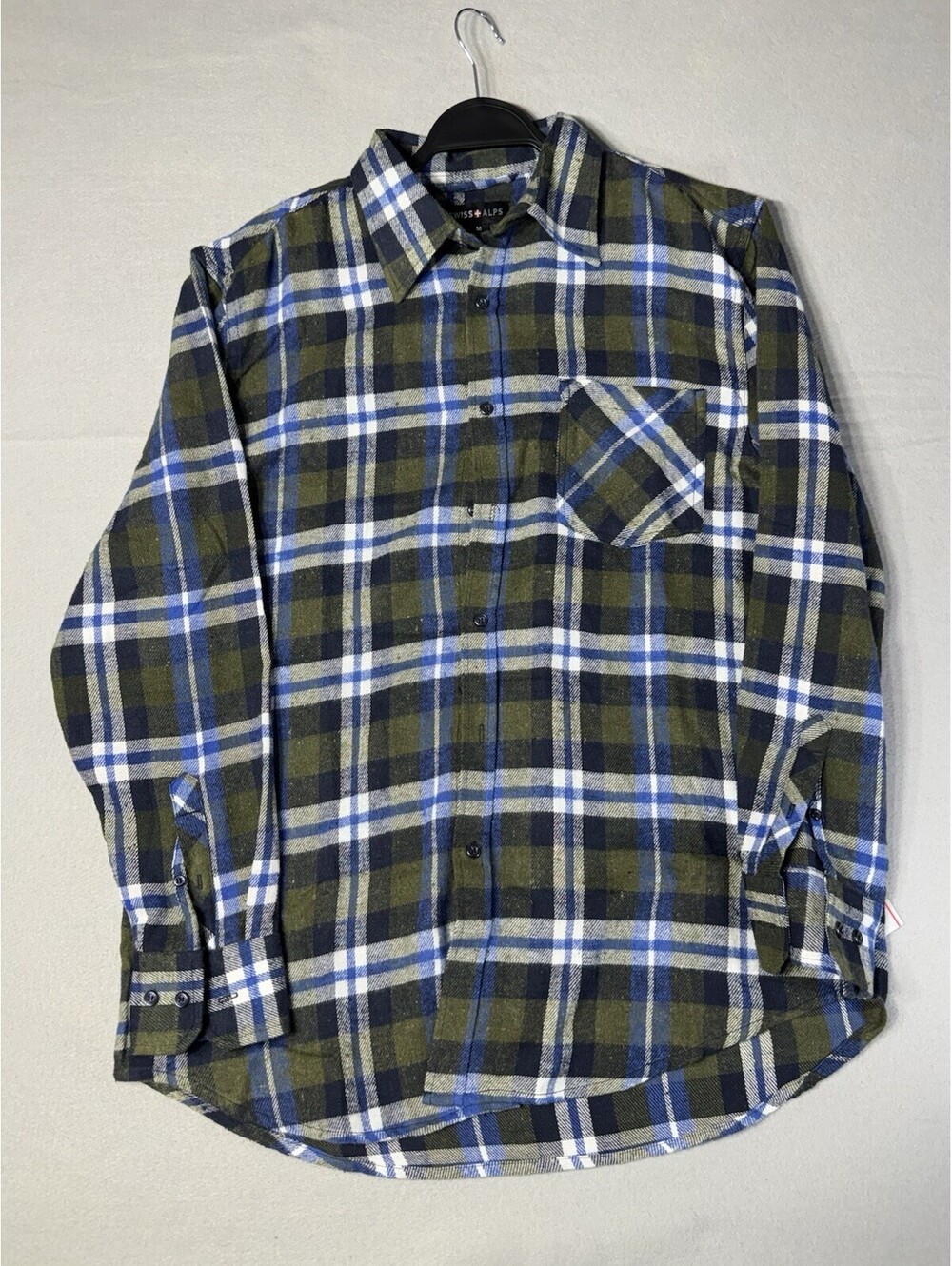 Swiss Alps Flannel Shirt Men's M Olive Blue Plaid Button Up Cotton NWT